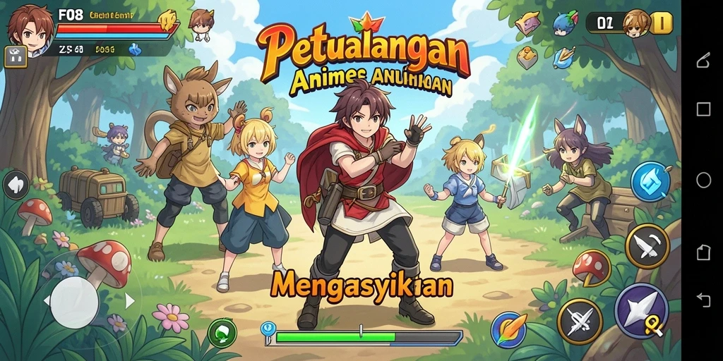 Tampilan gameplay yang menarik di dunia anime penuh warna.