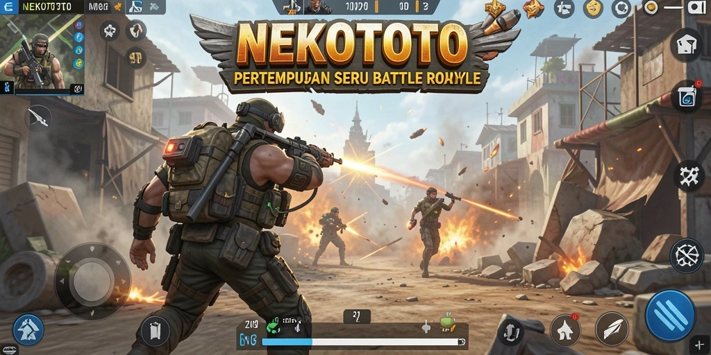 Screenshot gameplay NEKOTOTO menampilkan pertempuran seru di arena Battle Royale.
