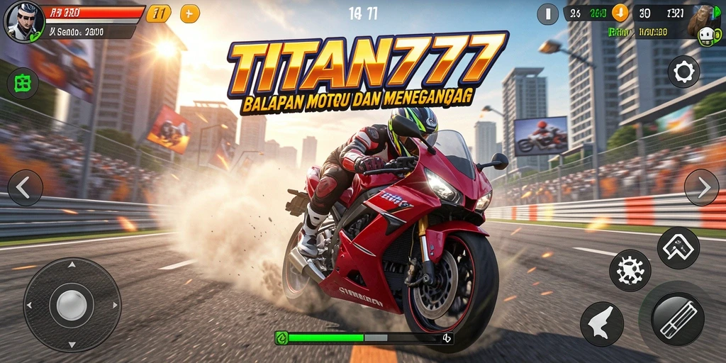 Tampilan gameplay seru dari TITAN777 dengan motor balap yang cepat.