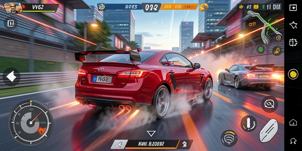 Screenshot gameplay VV62 menampilkan aksi balapan yang menegangkan.